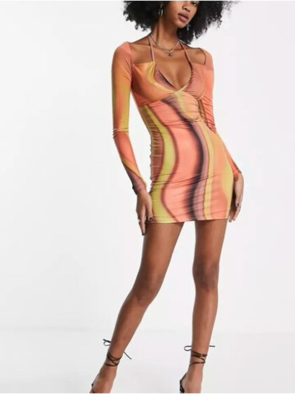 Bershka Rust & Olive Tie-Front Long Sleeve Mini Dress